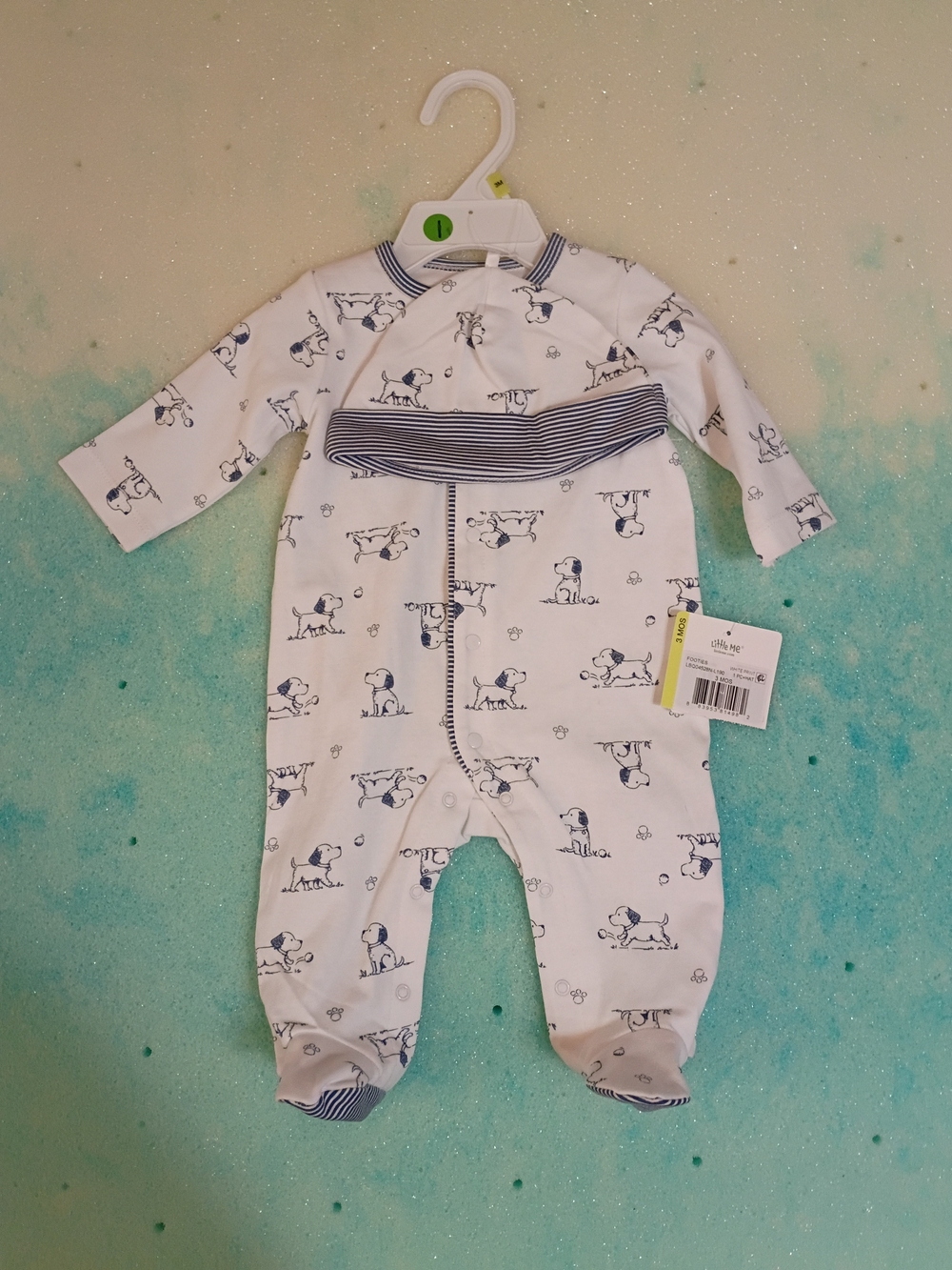 Little Me White and Navy Puppy-Print Footed One-Piece with Hat